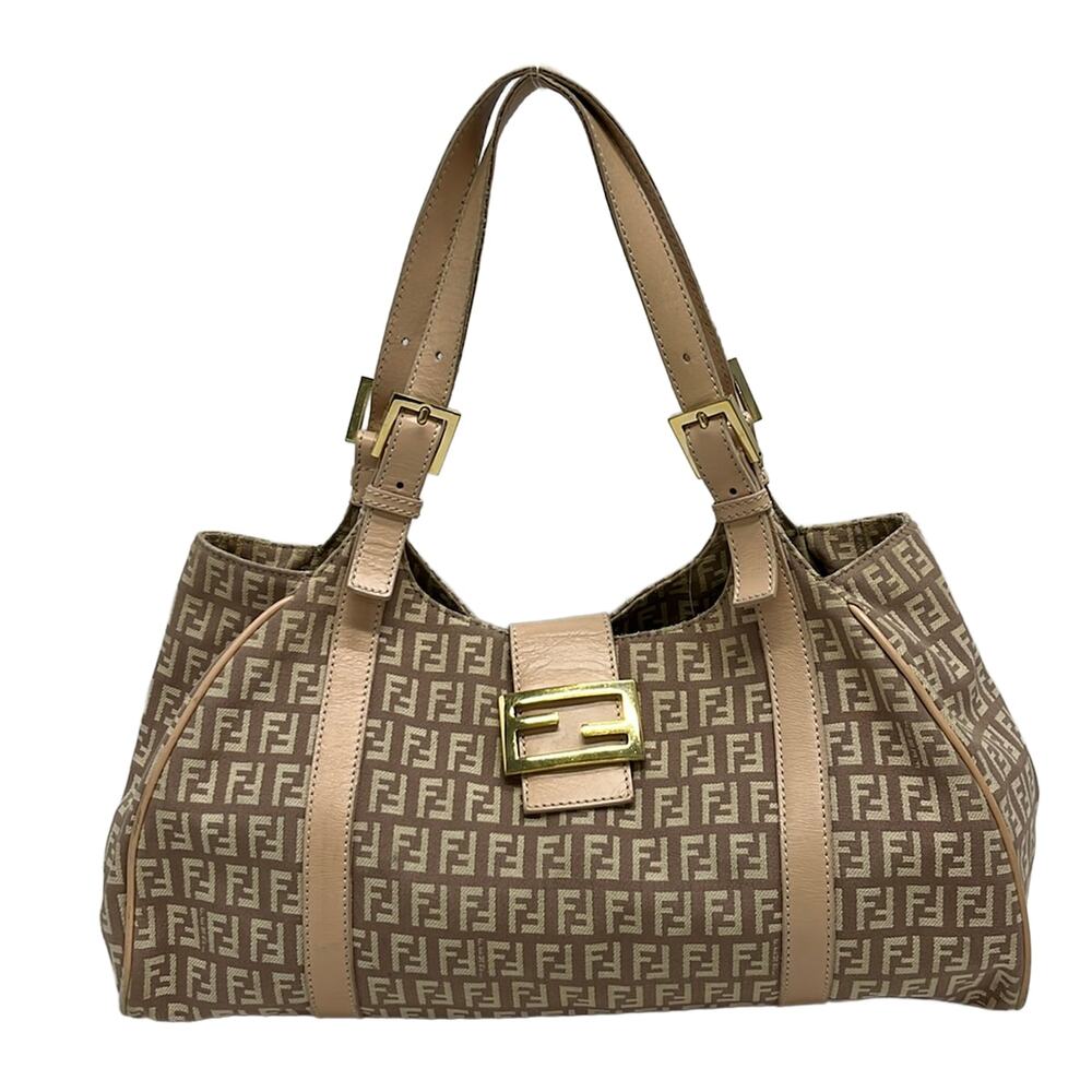 Fendi Zucchino Tote Bag 8BR463 Brown Cream Beige Jacquard Leather